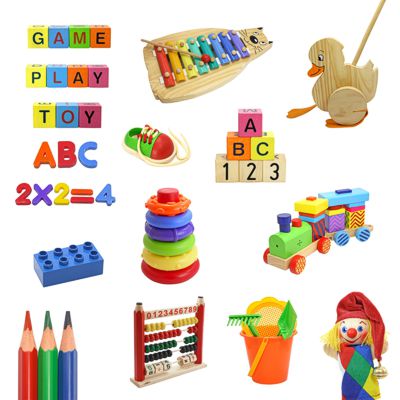 verschiedene bunte Spielzeuge für Kinder auf einem weißen Hintergrund
